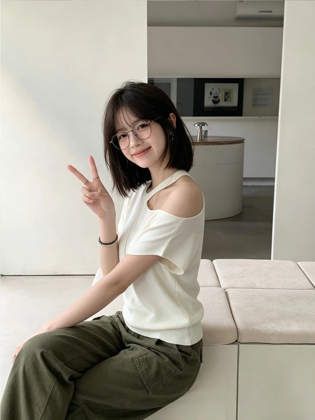 얼음 차가운 실크 행침 목 오프숄더 반팔 니트 스웨터 새로운 품격 몸매 가꾸기 슬림해 보이는 비스듬한 어깨 티셔츠 맨위 상세 이미지 2