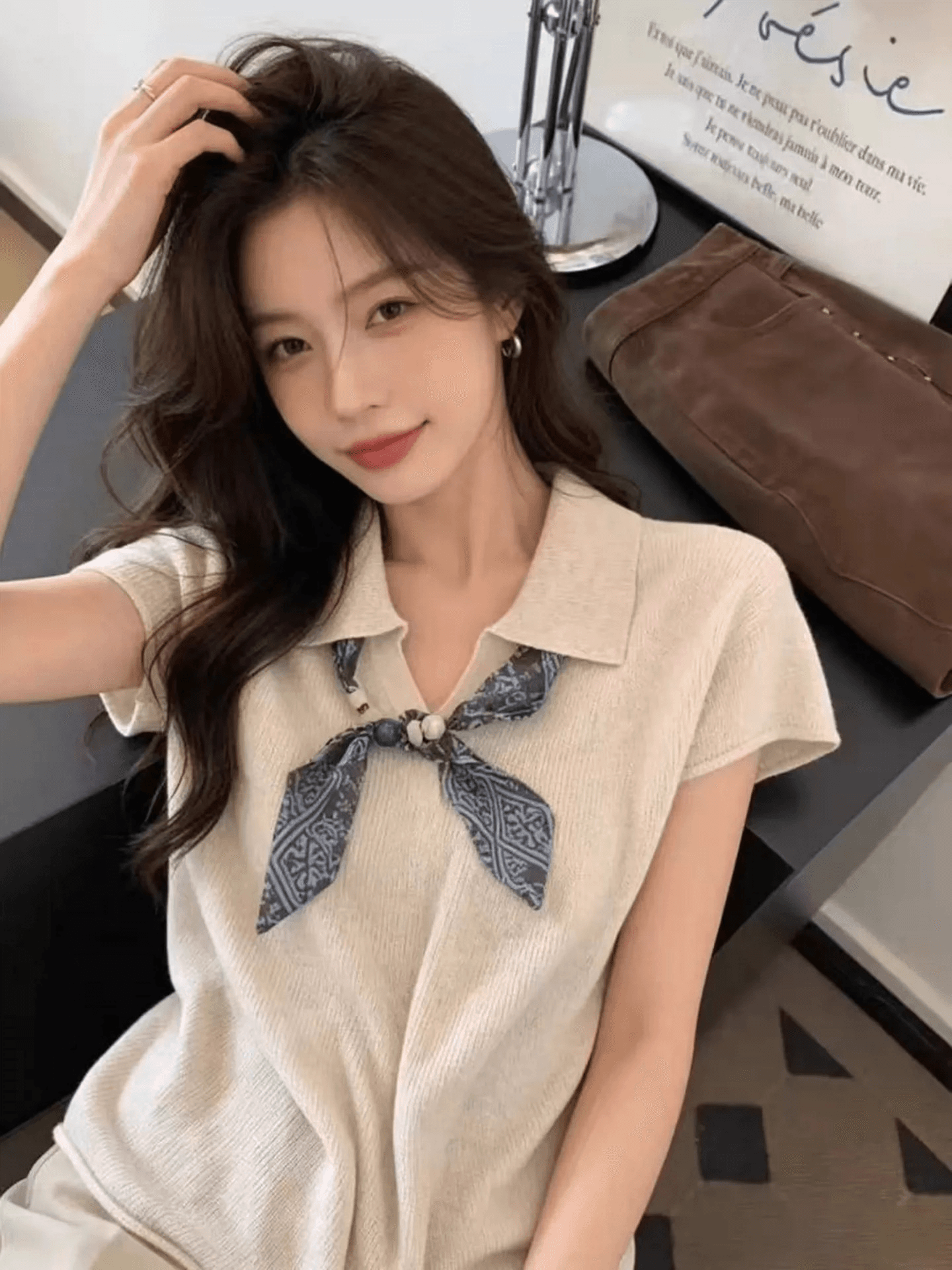 한 부서 디자인 센스 POLO 칼라 스카프 반팔 니트 스웨터 봄 여름 새로운 고급 센스 패션 품격 얇은 스타일 맨위 상세 이미지 1