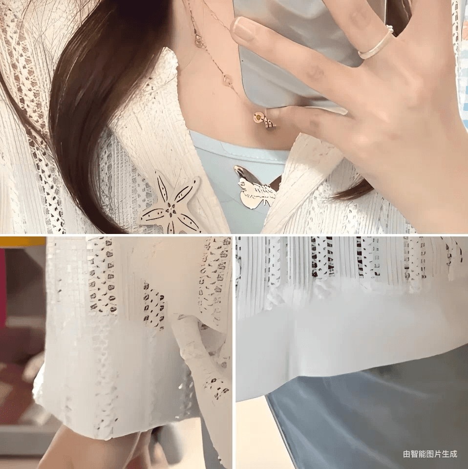 홀로우 아웃 화이트 자외선 차단 니트 오픈 가디건 얇은 여성 코트 여름 2026 새로운 쇼트 스타일 외부 가져 가라. 긴팔 블라우스 맨위 상세 이미지 7