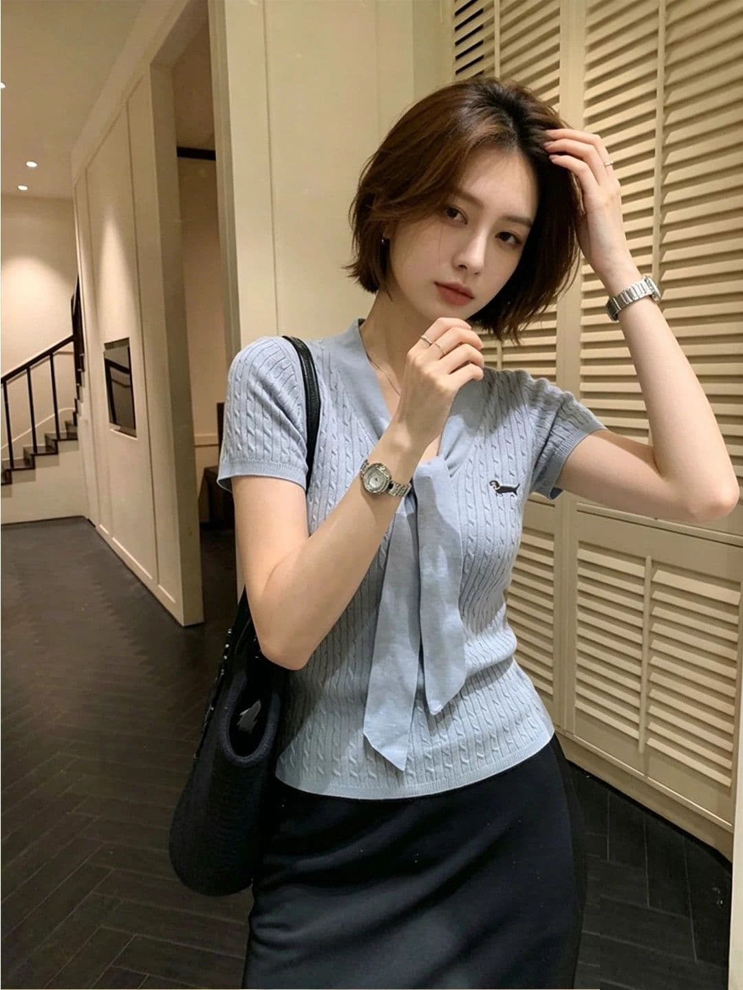 패키지 코어 실 한 부서 달콤함 자수 꽈배기 스트랩 반팔 니트 스웨터 여성 여름 몸매 가꾸기 슬림해 보이는 긍정적 인 어깨 의류 상세 이미지 4