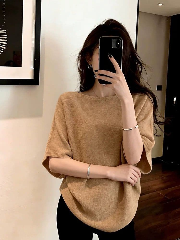 작은 키 한 부서 커피 색상 얼음 실크 니트 스웨터 긍정적 인 어깨 반팔 티셔츠 여성 여름 루즈핏 디자인 센스 쇼트 스타일 맨위 이미지 2
