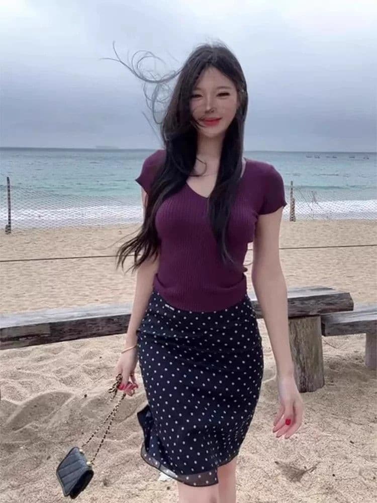 패키지 코어 실 로얄 자매 보라색 V넥 니트 반팔 티셔츠 여성 섹시함 순수한 욕망 몸매 가꾸기 디자인 센스 작은 날다 소매 맨위 상세 이미지 5