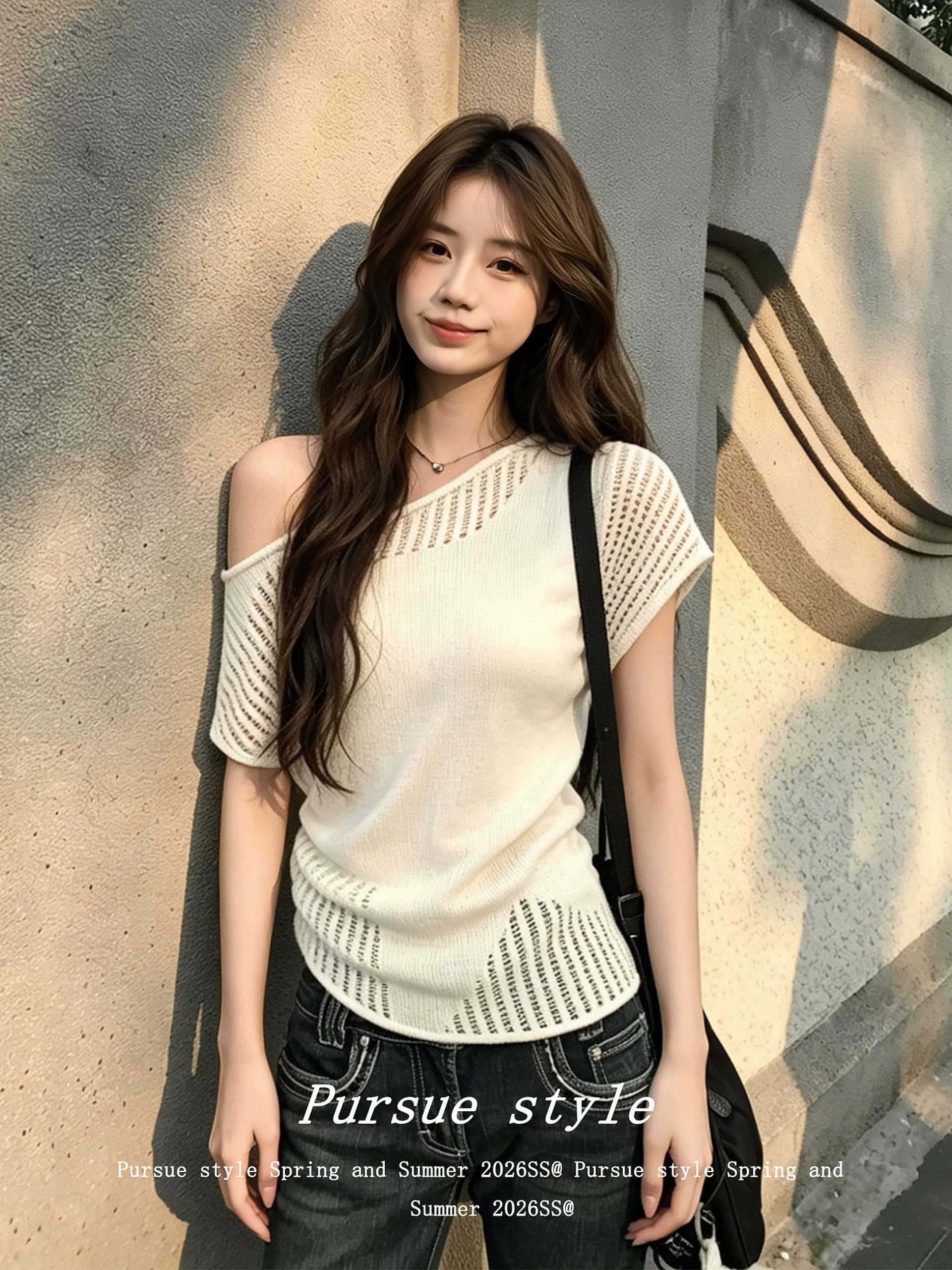 모방 아마 얇은 스타일 슈퍼 잘 생긴 니트 스웨터 여성 여름 품격 슬림해 보이는 반팔 한 부서 비스듬한 어깨 의류 트렌디