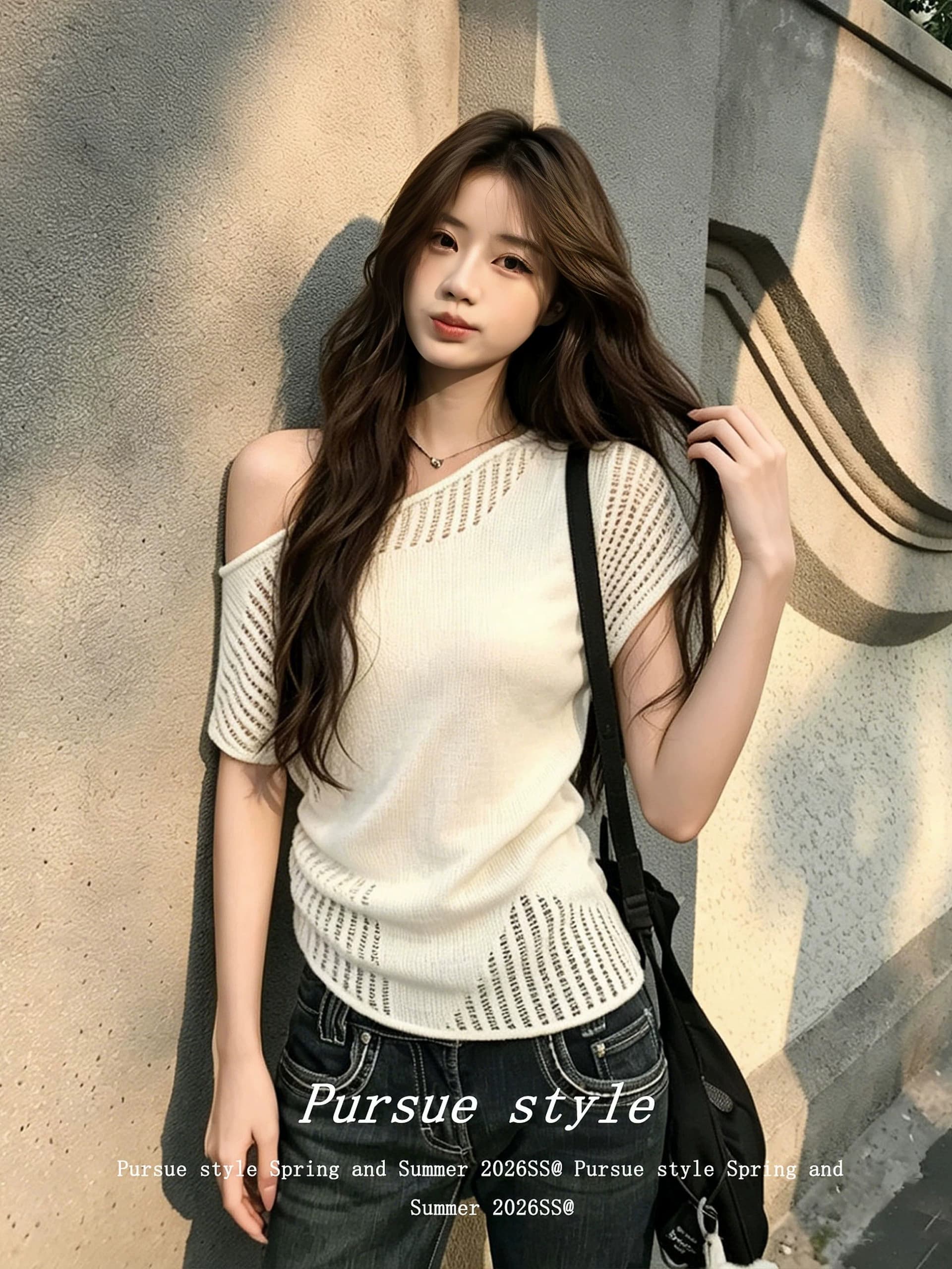 모방 아마 얇은 스타일 슈퍼 잘 생긴 니트 스웨터 여성 여름 품격 슬림해 보이는 반팔 한 부서 비스듬한 어깨 의류 트렌디 이미지 3