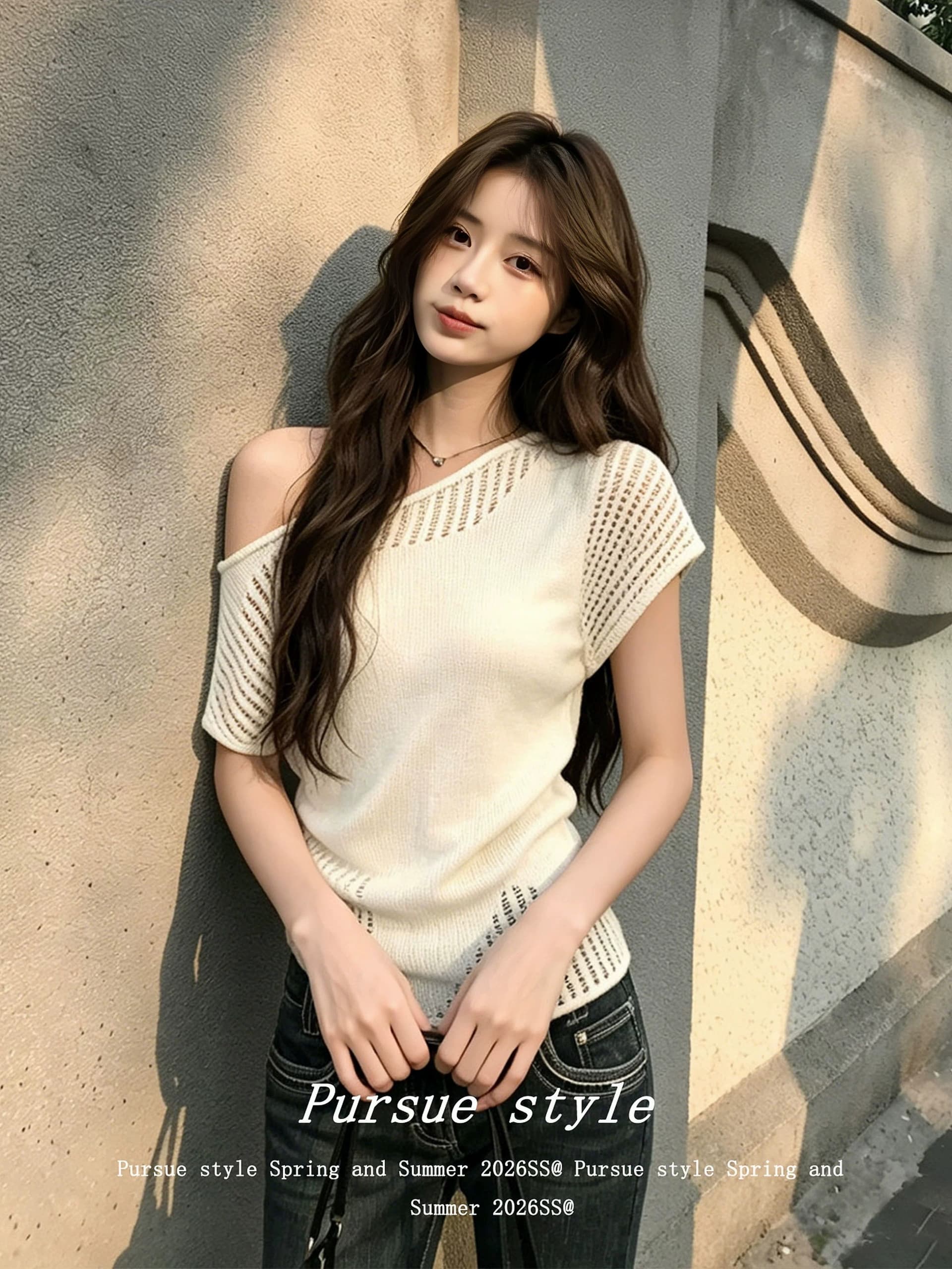 모방 아마 얇은 스타일 슈퍼 잘 생긴 니트 스웨터 여성 여름 품격 슬림해 보이는 반팔 한 부서 비스듬한 어깨 의류 트렌디 이미지 4