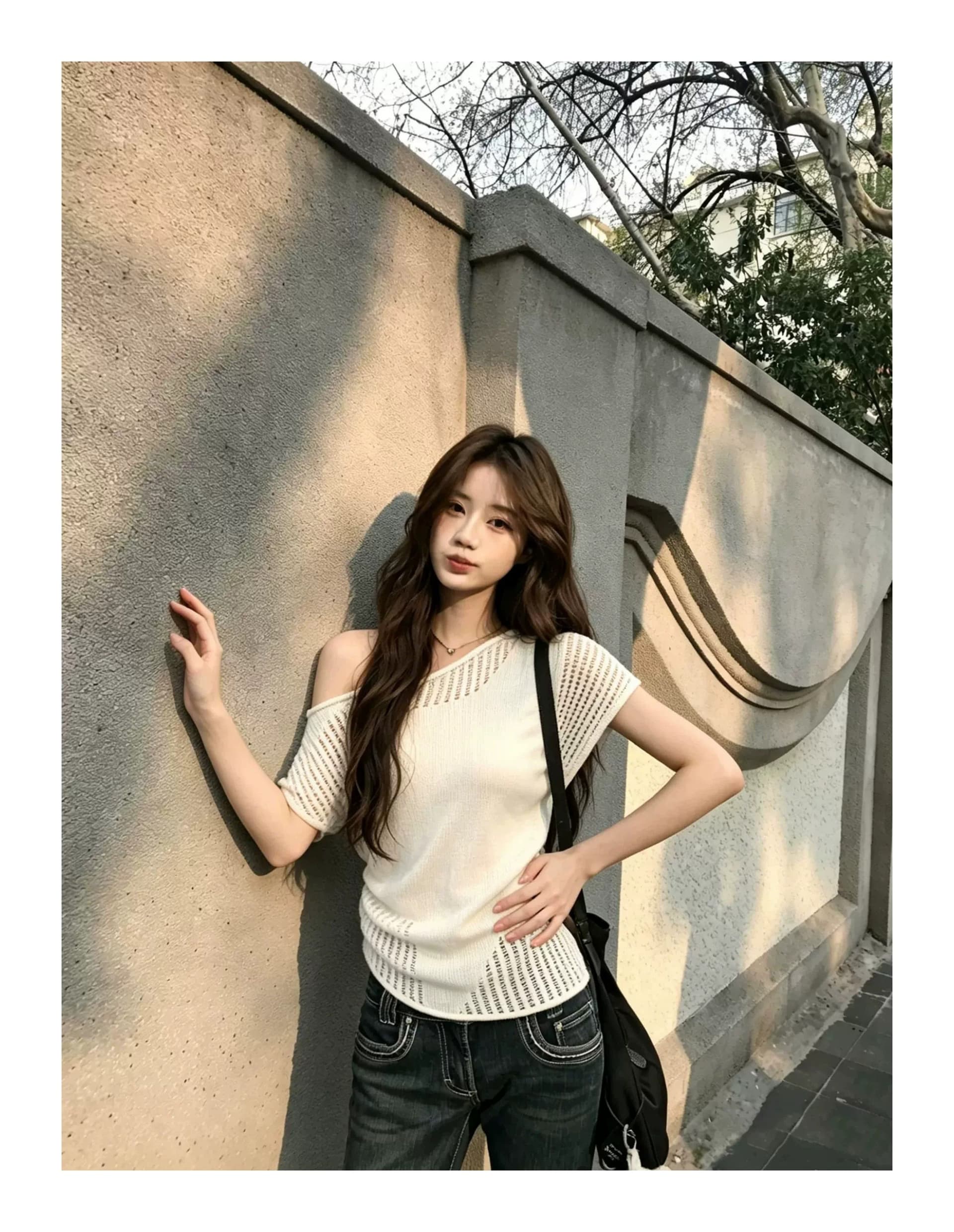 모방 아마 얇은 스타일 슈퍼 잘 생긴 니트 스웨터 여성 여름 품격 슬림해 보이는 반팔 한 부서 비스듬한 어깨 의류 트렌디 상세 이미지 5
