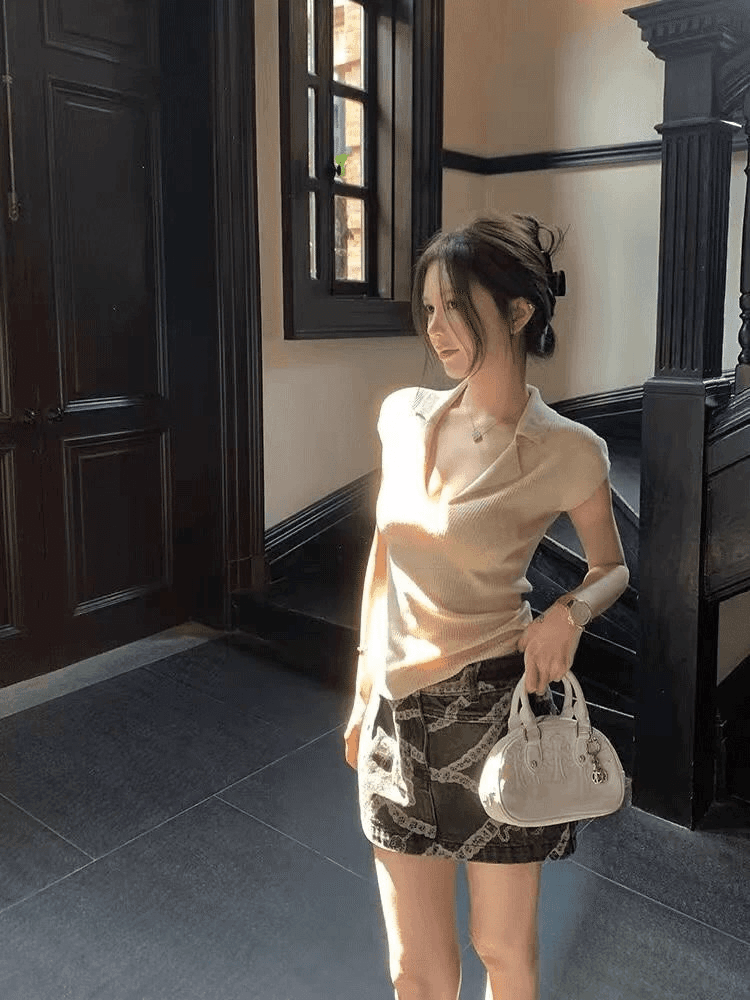 고급 센스 서리가 내린 부서 살구 색상 V넥 POLO 셔츠 여성 여름 오래된 돈 바람 몸매 가꾸기 긍정적 인 어깨 니트 반팔 티셔츠 맨위 이미지 4
