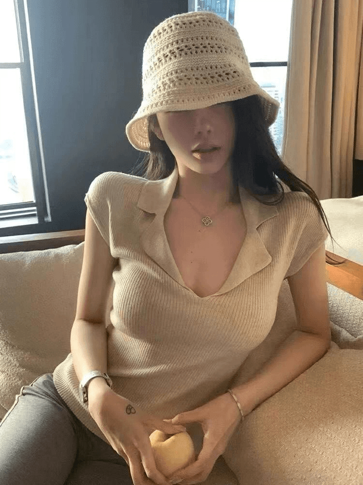 고급 센스 서리가 내린 부서 살구 색상 V넥 POLO 셔츠 여성 여름 오래된 돈 바람 몸매 가꾸기 긍정적 인 어깨 니트 반팔 티셔츠 맨위 상세 이미지 1