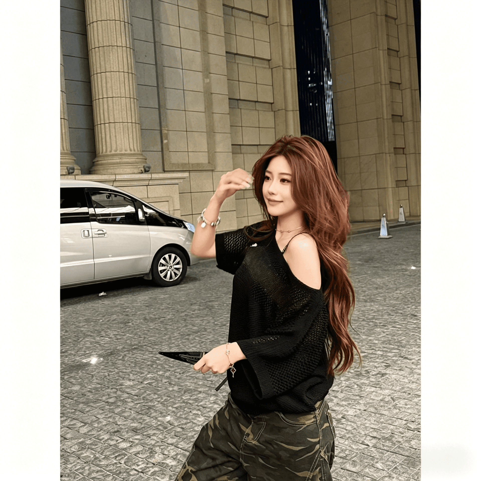 여름 알파벳 외국 가스 루즈핏 홀로우 아웃 니트 스웨터 여성 오프숄더 반팔 티셔츠 상세 이미지 5