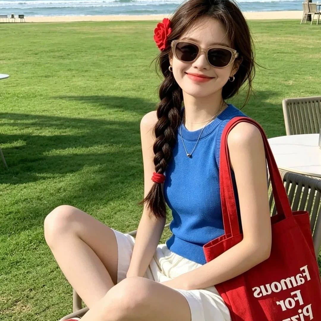 패키지 코어 실 파란색 단어 민소매 니트 작은 슬링 조끼 여성 여름 인사이드 가져 가라. 외출용 만나는 몸매 가꾸기 맨위 이미지 5