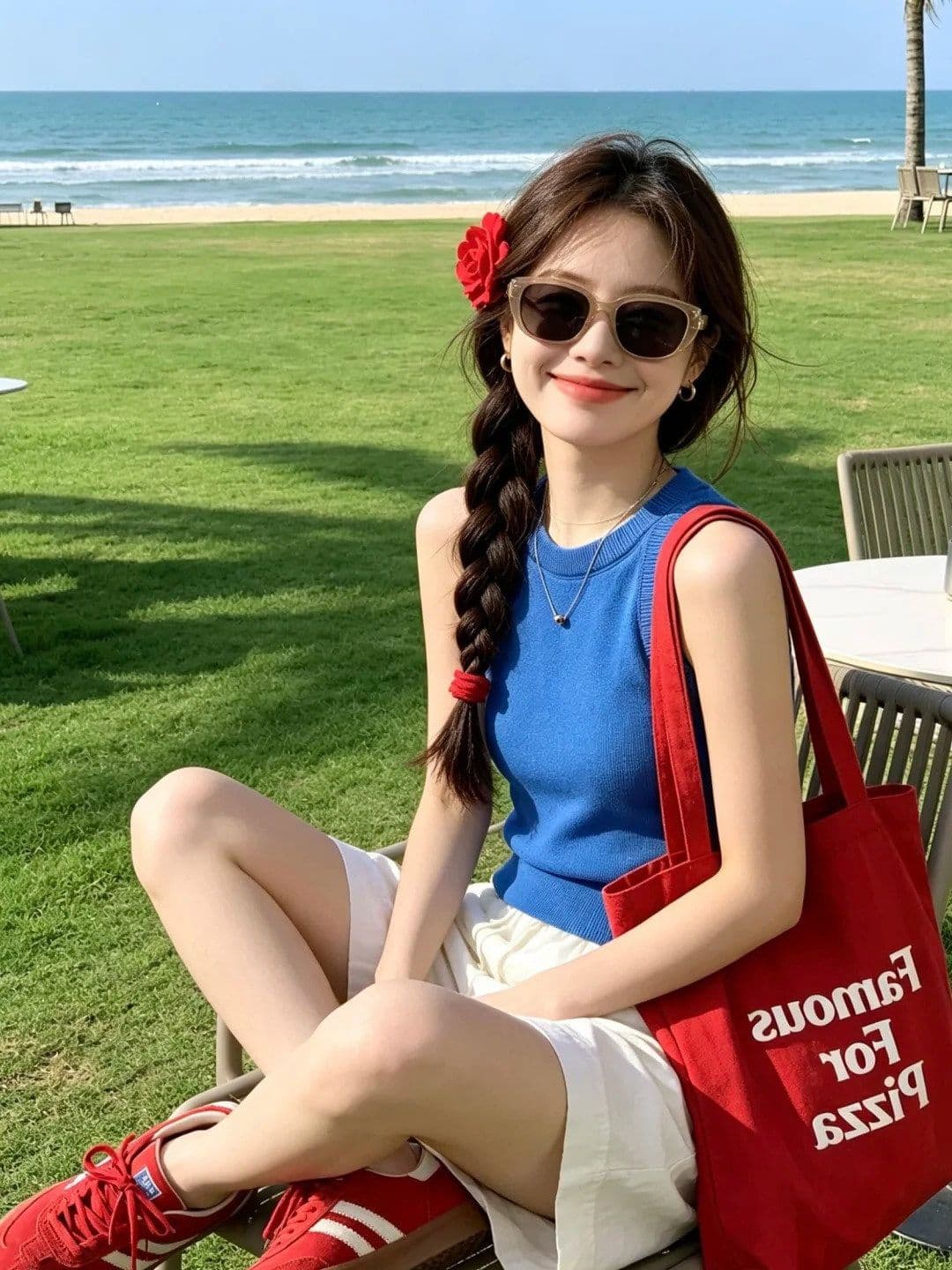 패키지 코어 실 파란색 단어 민소매 니트 작은 슬링 조끼 여성 여름 인사이드 가져 가라. 외출용 만나는 몸매 가꾸기 맨위 상세 이미지 1