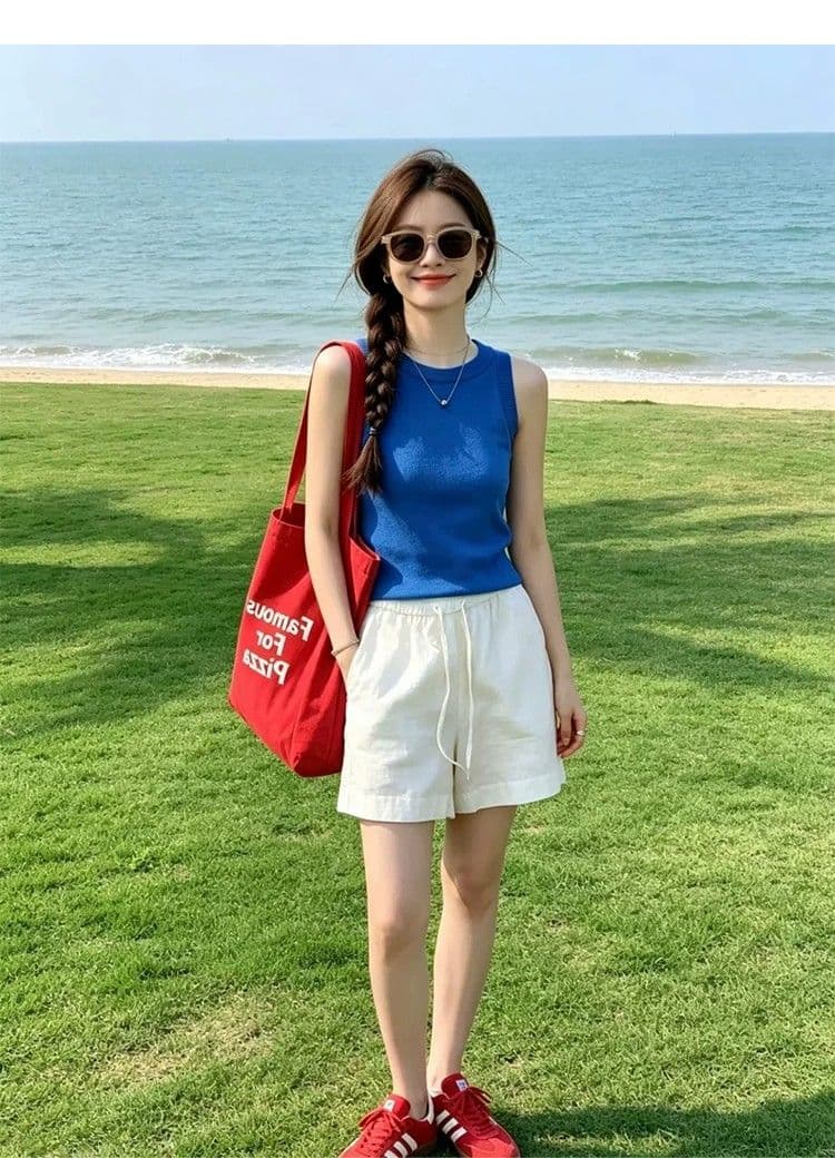 패키지 코어 실 파란색 단어 민소매 니트 작은 슬링 조끼 여성 여름 인사이드 가져 가라. 외출용 만나는 몸매 가꾸기 맨위 상세 이미지 2