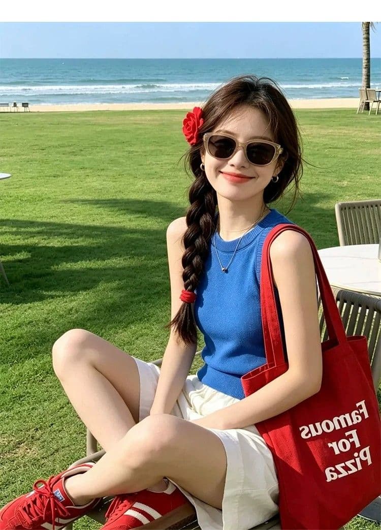 패키지 코어 실 파란색 단어 민소매 니트 작은 슬링 조끼 여성 여름 인사이드 가져 가라. 외출용 만나는 몸매 가꾸기 맨위 상세 이미지 4