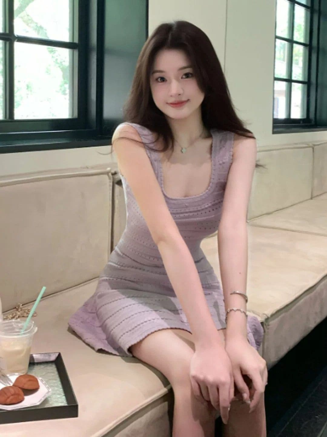패키지 코어 실 프랑스식 부드러운 바람 자이언트 잘 생긴 ~ 중 보라색 허리 수축 슬림해 보이는 슬립 미니 스커트 고급 센스 품격 드레스 이미지 2