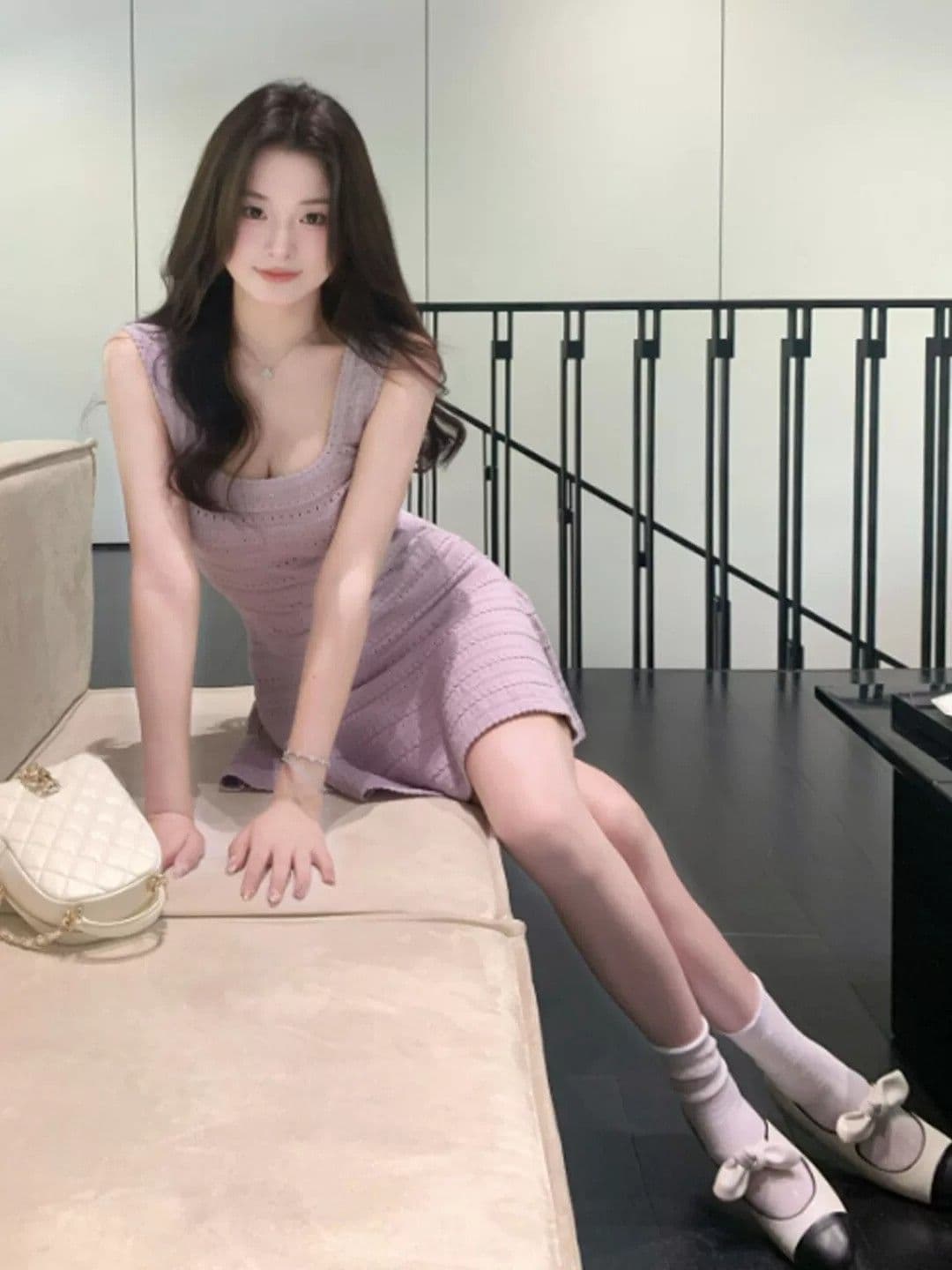 패키지 코어 실 프랑스식 부드러운 바람 자이언트 잘 생긴 ~ 중 보라색 허리 수축 슬림해 보이는 슬립 미니 스커트 고급 센스 품격 드레스 이미지 3