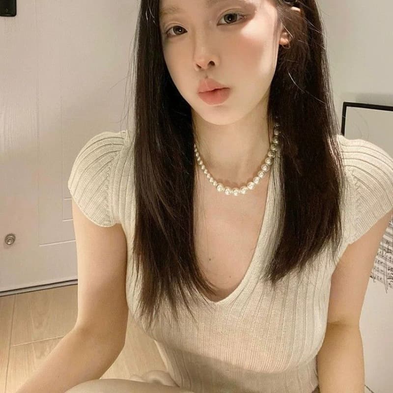 얼음 차가운 실크 핫걸 작은 날다 소매 얼음 실크 반팔 티셔츠 여성 여름 얇은 스타일 니트 맨위 이미지 5