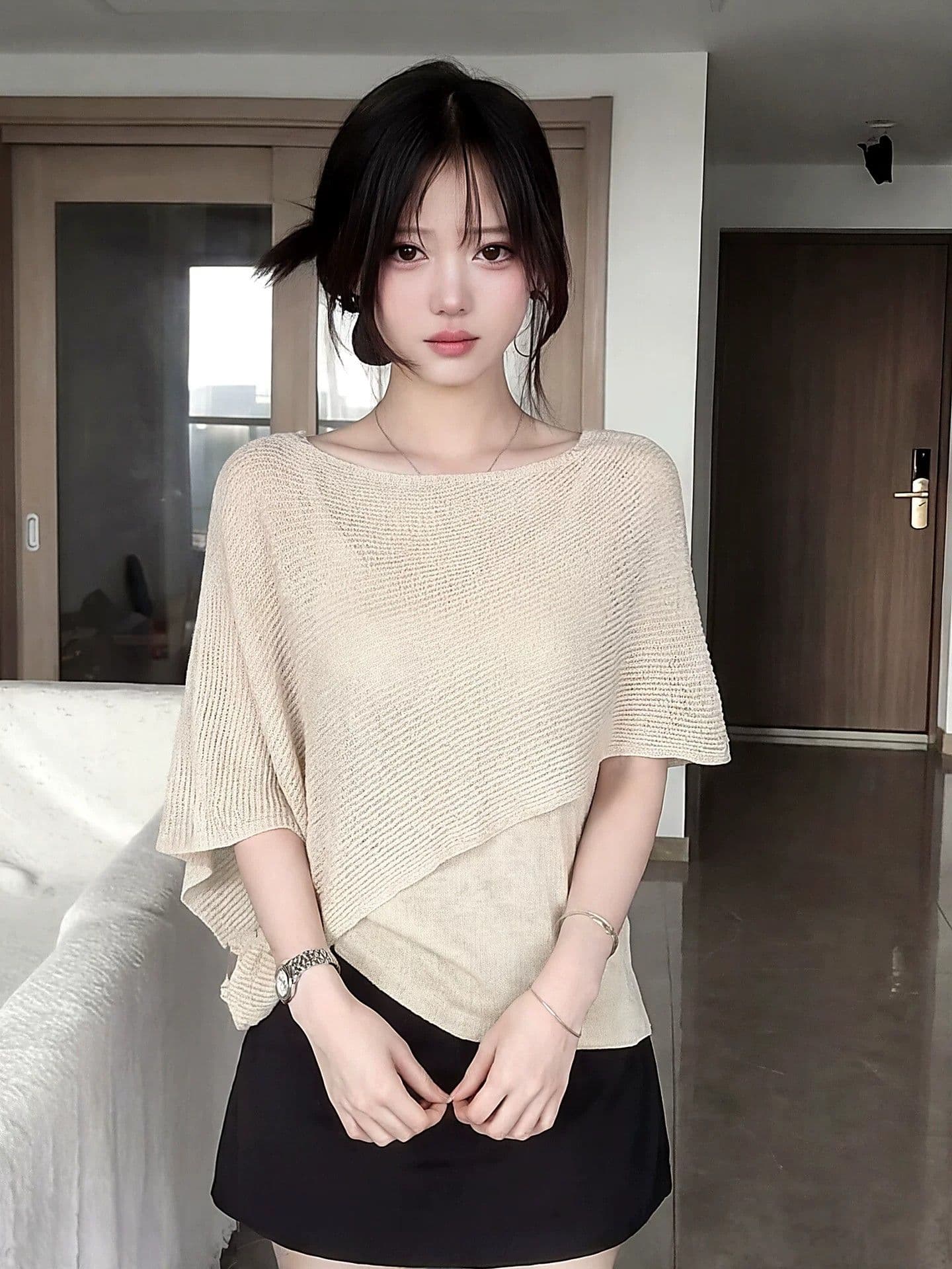 한 부서 불규칙 홀로우 아웃 페이크 레이어드 반팔 얼음 실크 니트 스웨터 여성 여름 얇은 스타일 루즈핏 망토 숄 맨위