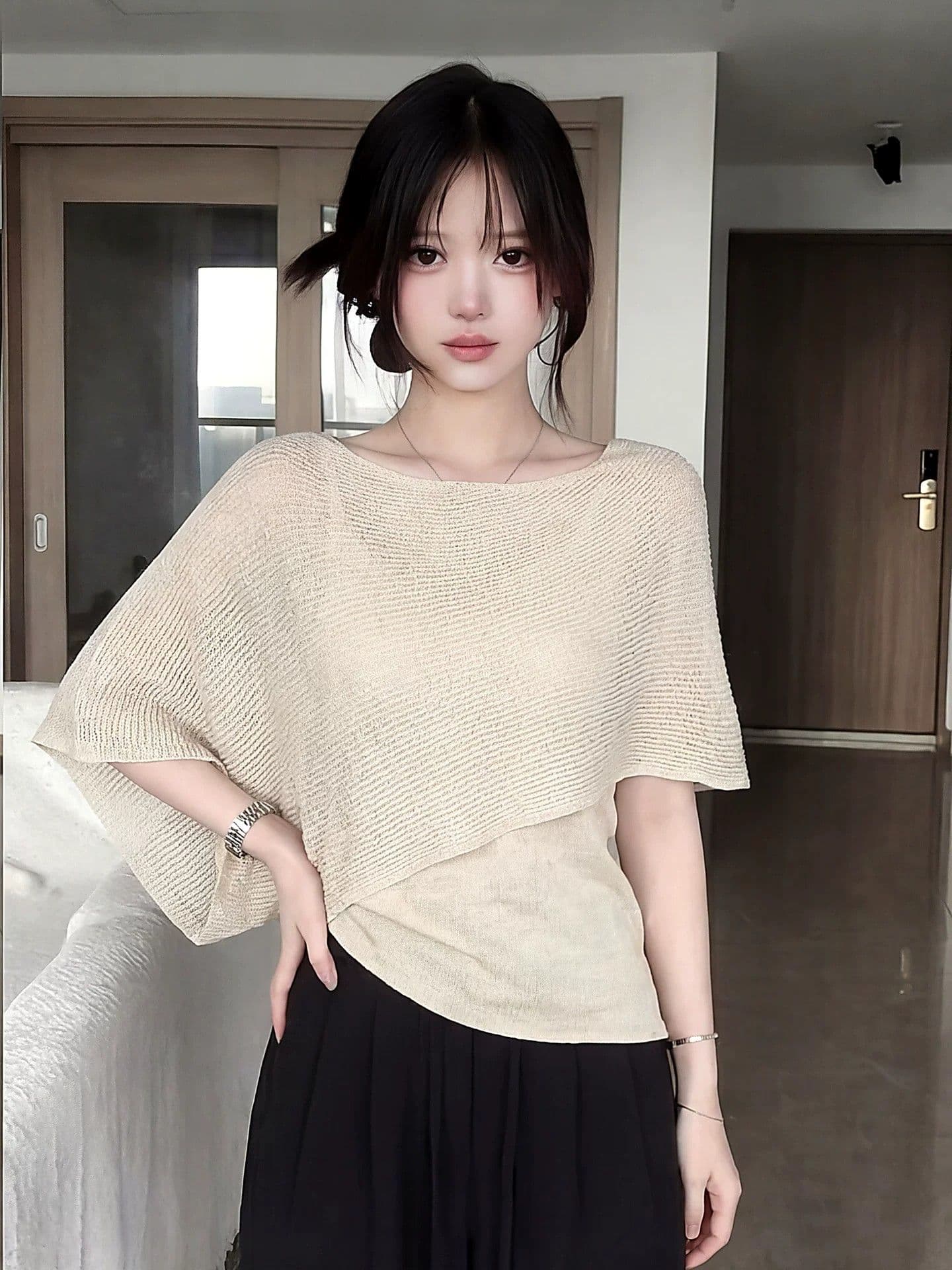 한 부서 불규칙 홀로우 아웃 페이크 레이어드 반팔 얼음 실크 니트 스웨터 여성 여름 얇은 스타일 루즈핏 망토 숄 맨위 상세 이미지 2