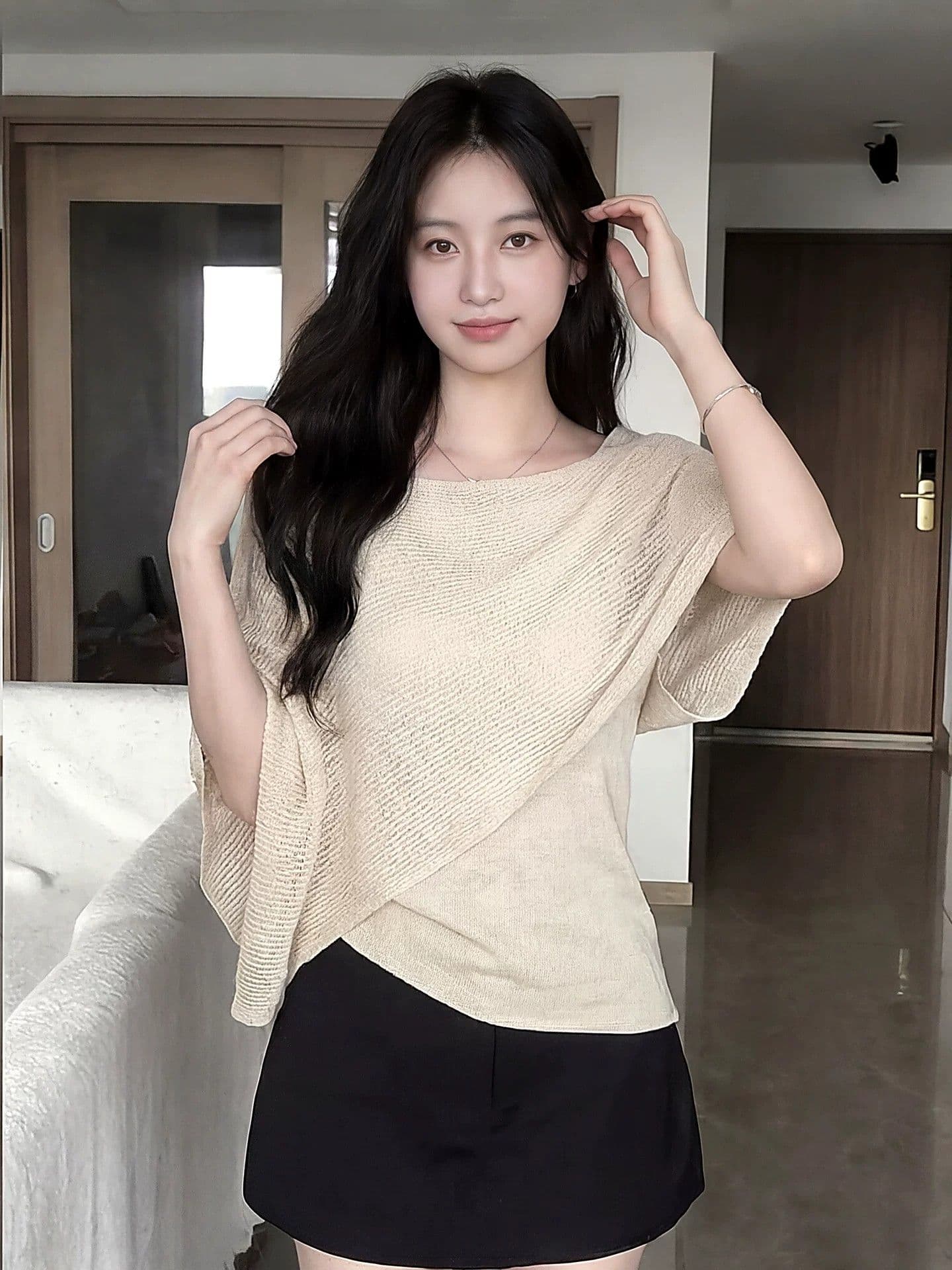 한 부서 불규칙 홀로우 아웃 페이크 레이어드 반팔 얼음 실크 니트 스웨터 여성 여름 얇은 스타일 루즈핏 망토 숄 맨위 상세 이미지 4