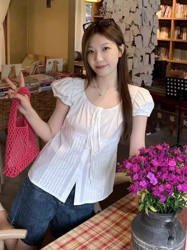 여름 한 부서 달콤함 프랑스식 몸매 가꾸기 다용도 거품 소매 셔츠 반팔 맨위 여성 상세 이미지 4
