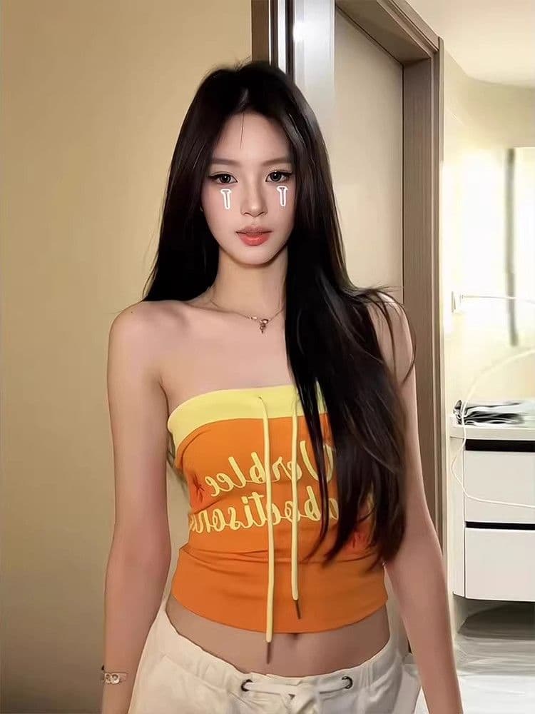 도파민 알파벳 프린트 튜브탑 조끼 여성 여름 외출용 해변가 휴가 바람 핫걸 쇼트 스타일 민소매 슬립 맨위 상세 이미지 1