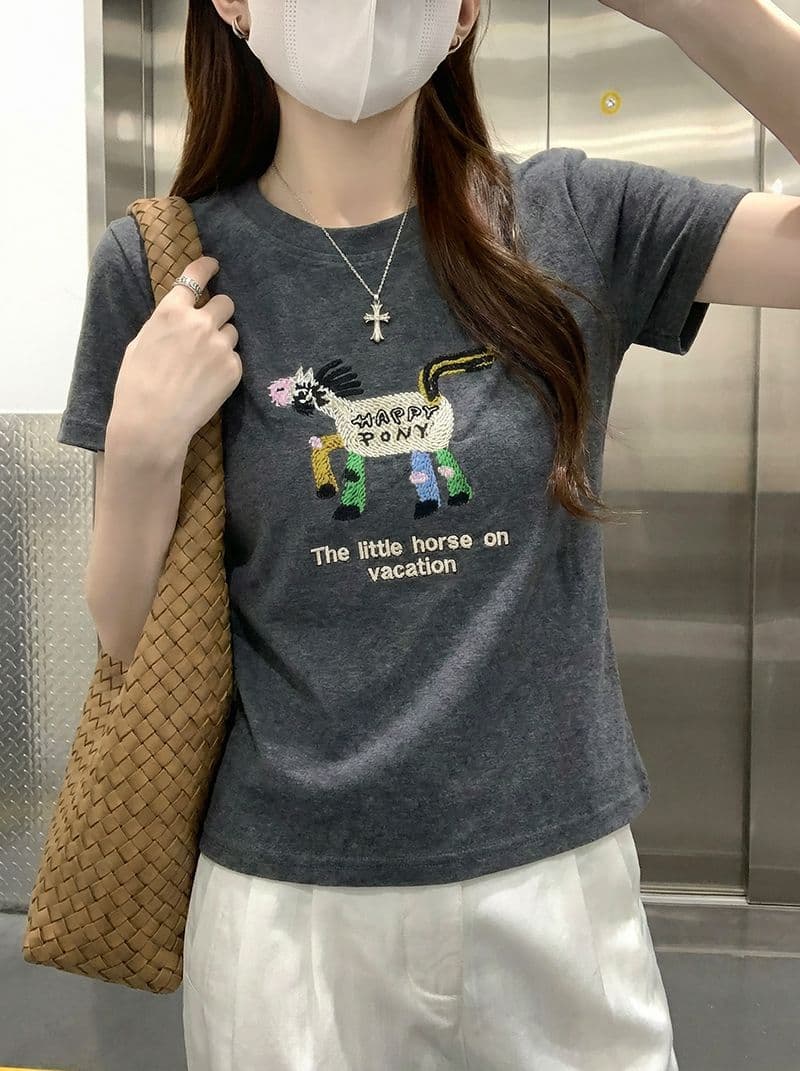 1 1 순면 리브 210 그램 반팔 티셔츠 여성 여름 새로운 한 부서 자수 긍정적 인 어깨 라운드 넥 맨위 상세 이미지 12