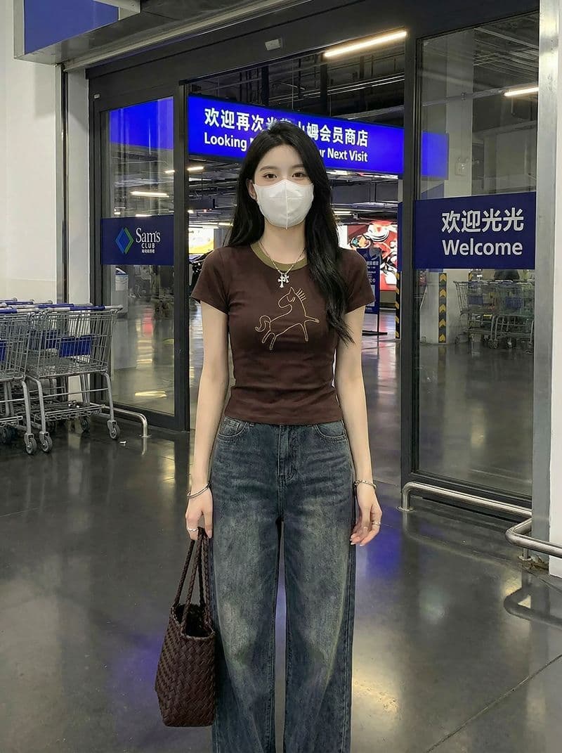 1 1 순면 리브 210 그램 반팔 티셔츠 여성 여름 새로운 한 부서 슬림해 보이는 자수 라운드 넥 맨위 상세 이미지 19