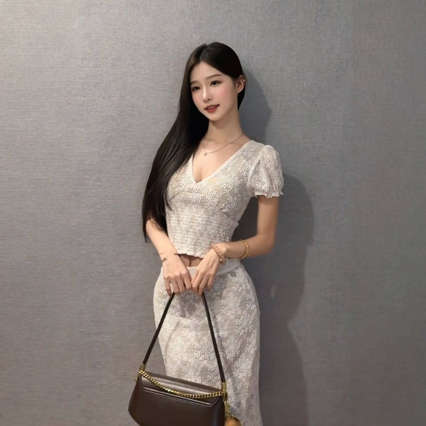 고유 한 슈퍼 잘 생긴 ~ 중 V넥 맨위 레이스 타이트 스커트 반신 스커트 투피스 슈트 전체 집합 ootd 착용 가져 가라. 26 여름 이미지 3
