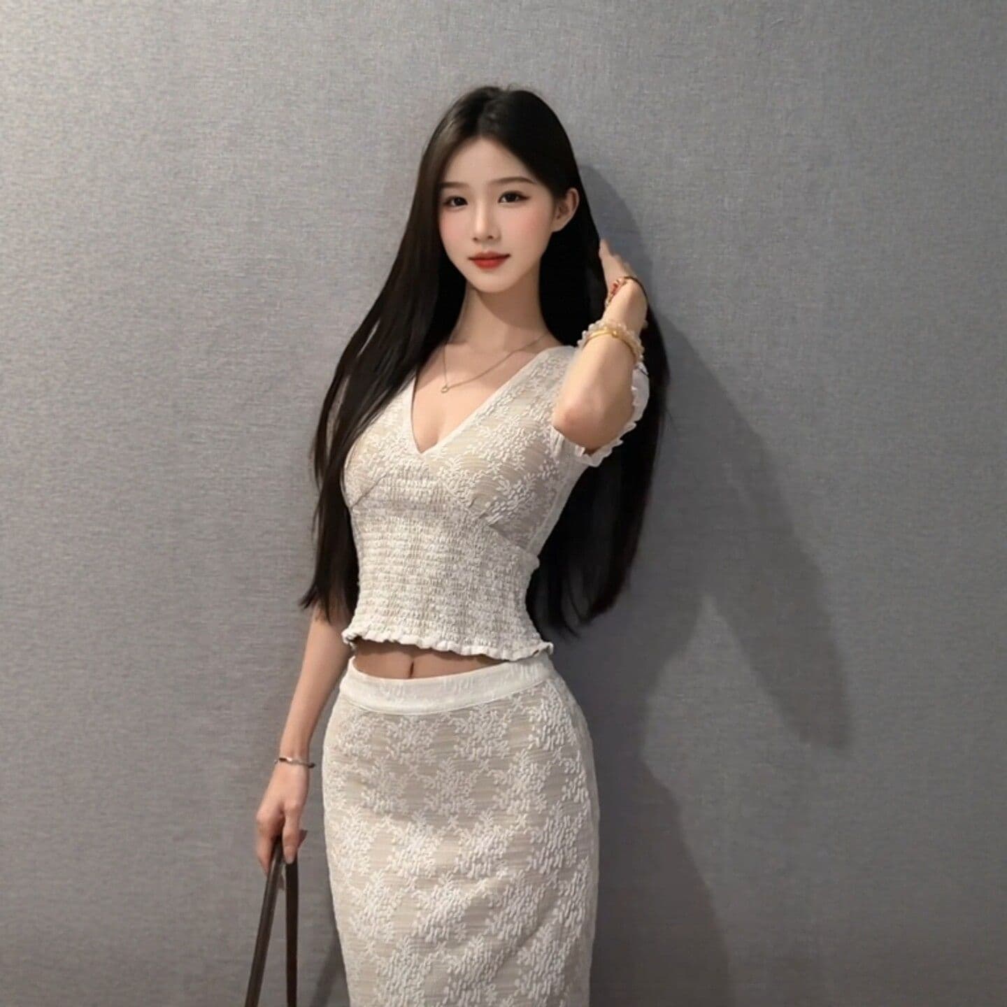 고유 한 슈퍼 잘 생긴 ~ 중 V넥 맨위 레이스 타이트 스커트 반신 스커트 투피스 슈트 전체 집합 ootd 착용 가져 가라. 26 여름 이미지 4