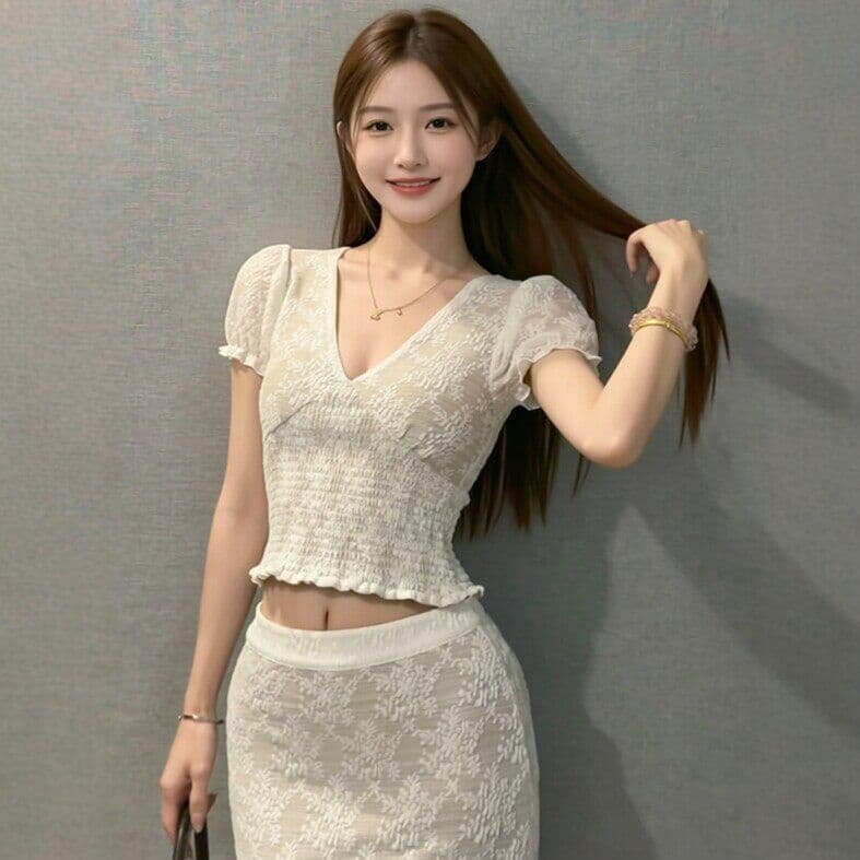 고유 한 슈퍼 잘 생긴 ~ 중 V넥 맨위 레이스 타이트 스커트 반신 스커트 투피스 슈트 전체 집합 ootd 착용 가져 가라. 26 여름 상세 이미지 7