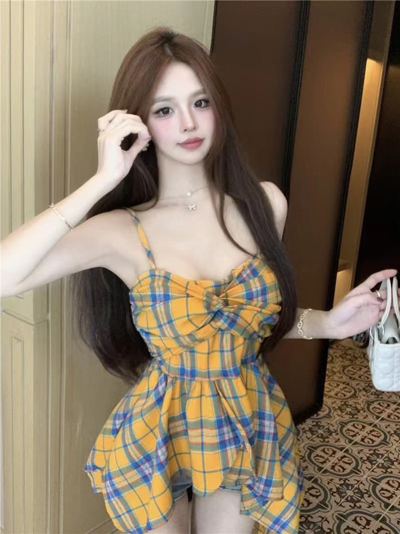 레트로 황색 체크무늬 나비 매듭 캐미솔 여름 달콤함 밑단 불규칙 도파민 맨위 이미지 3