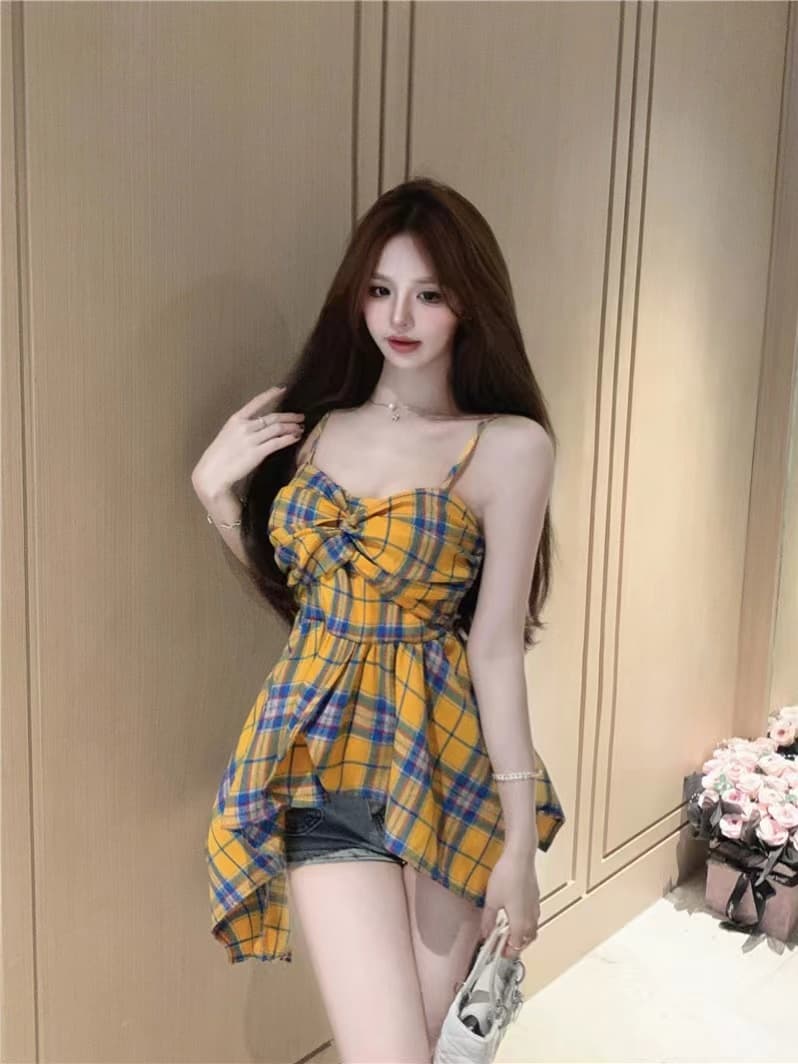 레트로 황색 체크무늬 나비 매듭 캐미솔 여름 달콤함 밑단 불규칙 도파민 맨위 이미지 2