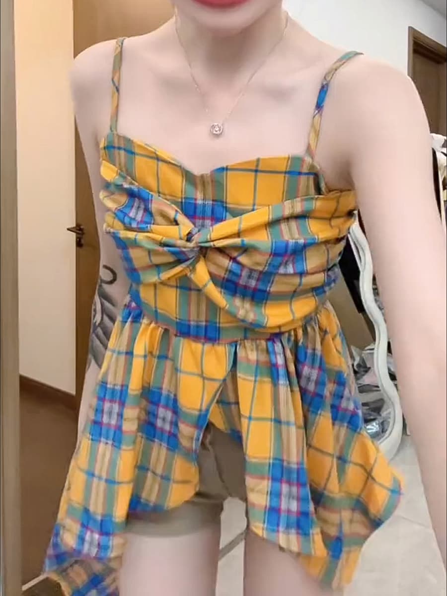 레트로 황색 체크무늬 나비 매듭 캐미솔 여름 달콤함 밑단 불규칙 도파민 맨위 상세 이미지 10