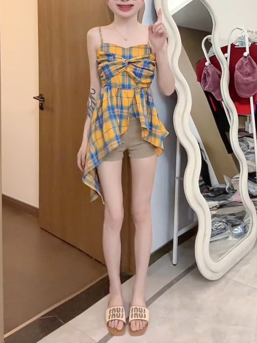 레트로 황색 체크무늬 나비 매듭 캐미솔 여름 달콤함 밑단 불규칙 도파민 맨위 상세 이미지 14