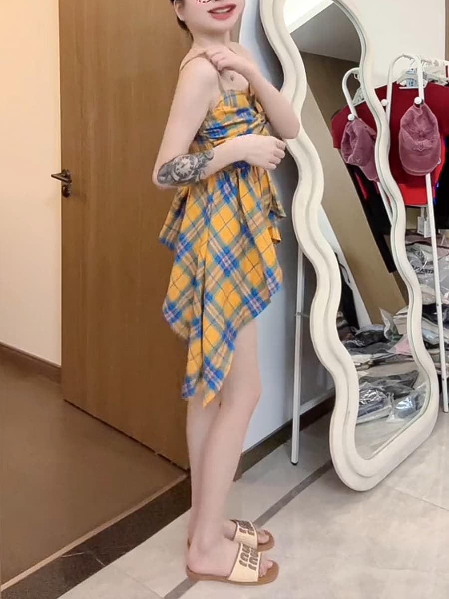 레트로 황색 체크무늬 나비 매듭 캐미솔 여름 달콤함 밑단 불규칙 도파민 맨위 상세 이미지 16