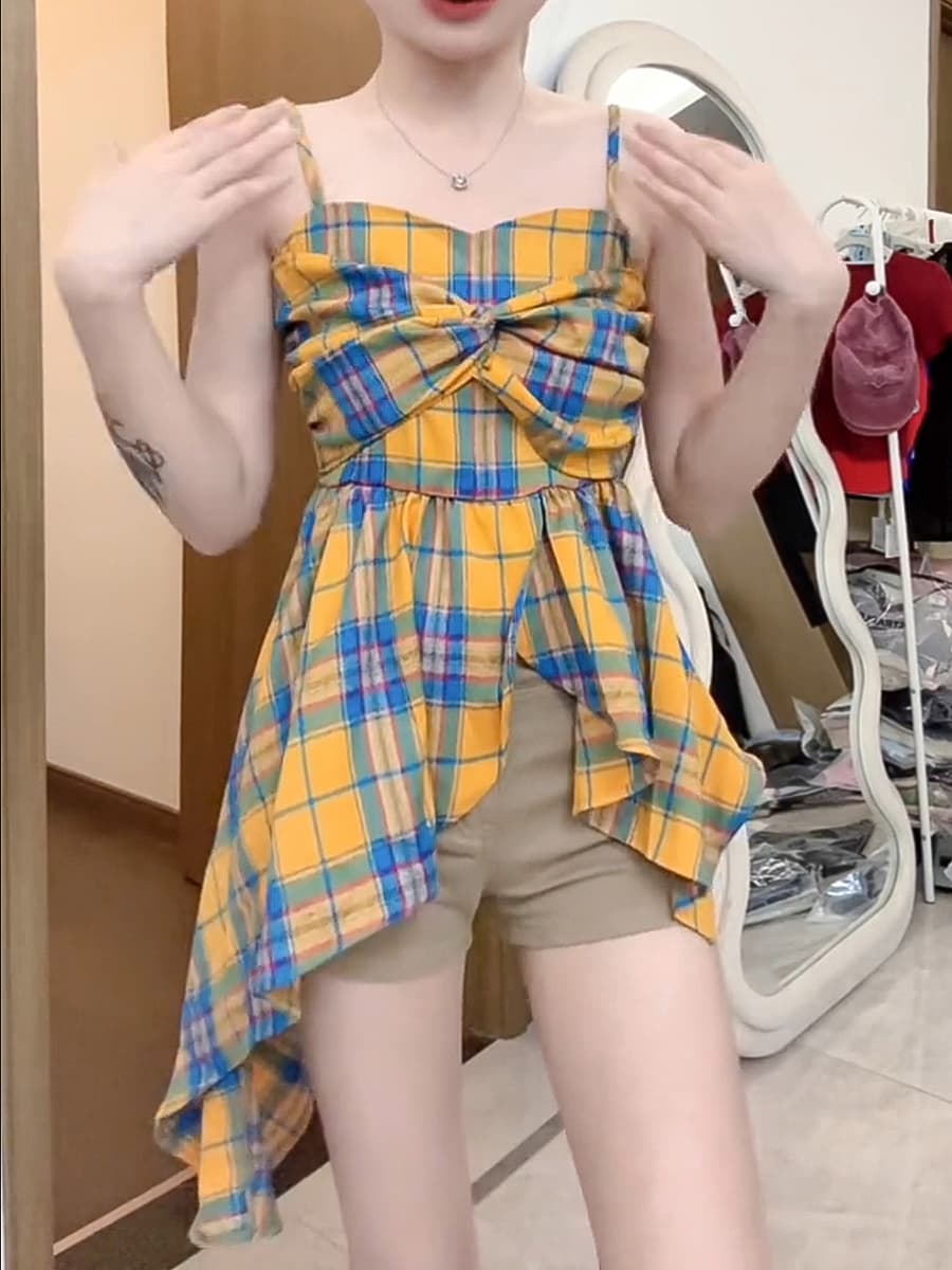 레트로 황색 체크무늬 나비 매듭 캐미솔 여름 달콤함 밑단 불규칙 도파민 맨위 상세 이미지 17