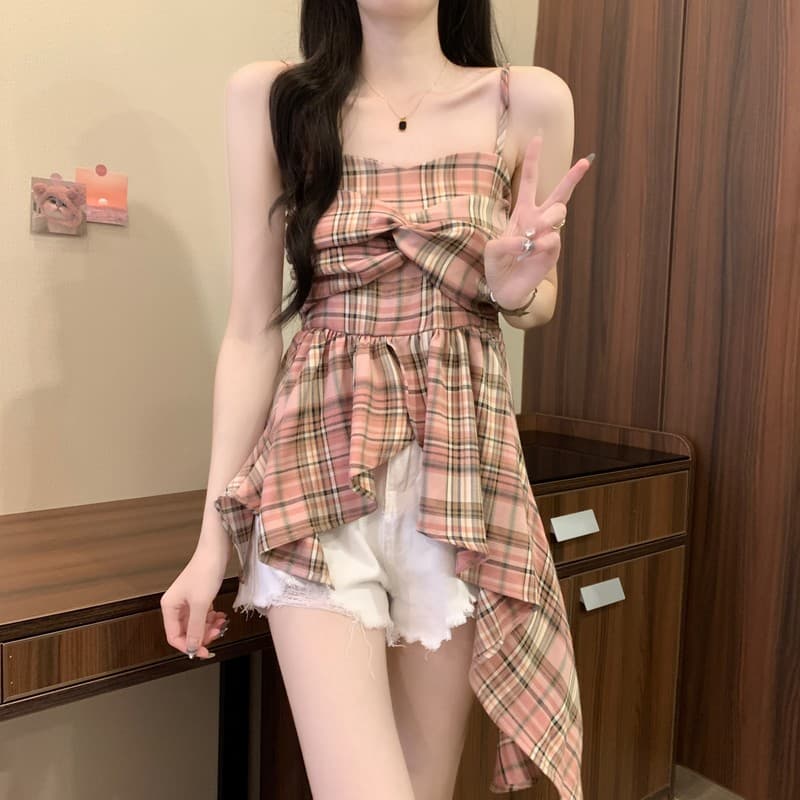 레트로 황색 체크무늬 나비 매듭 캐미솔 여름 달콤함 밑단 불규칙 도파민 맨위 상세 이미지 21