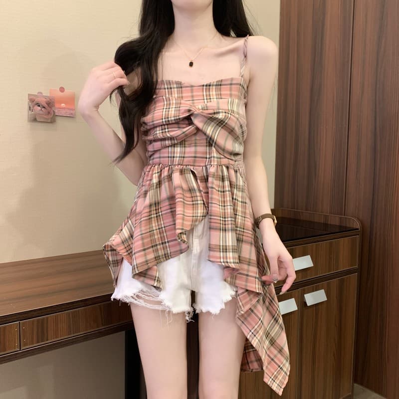 레트로 황색 체크무늬 나비 매듭 캐미솔 여름 달콤함 밑단 불규칙 도파민 맨위 상세 이미지 22
