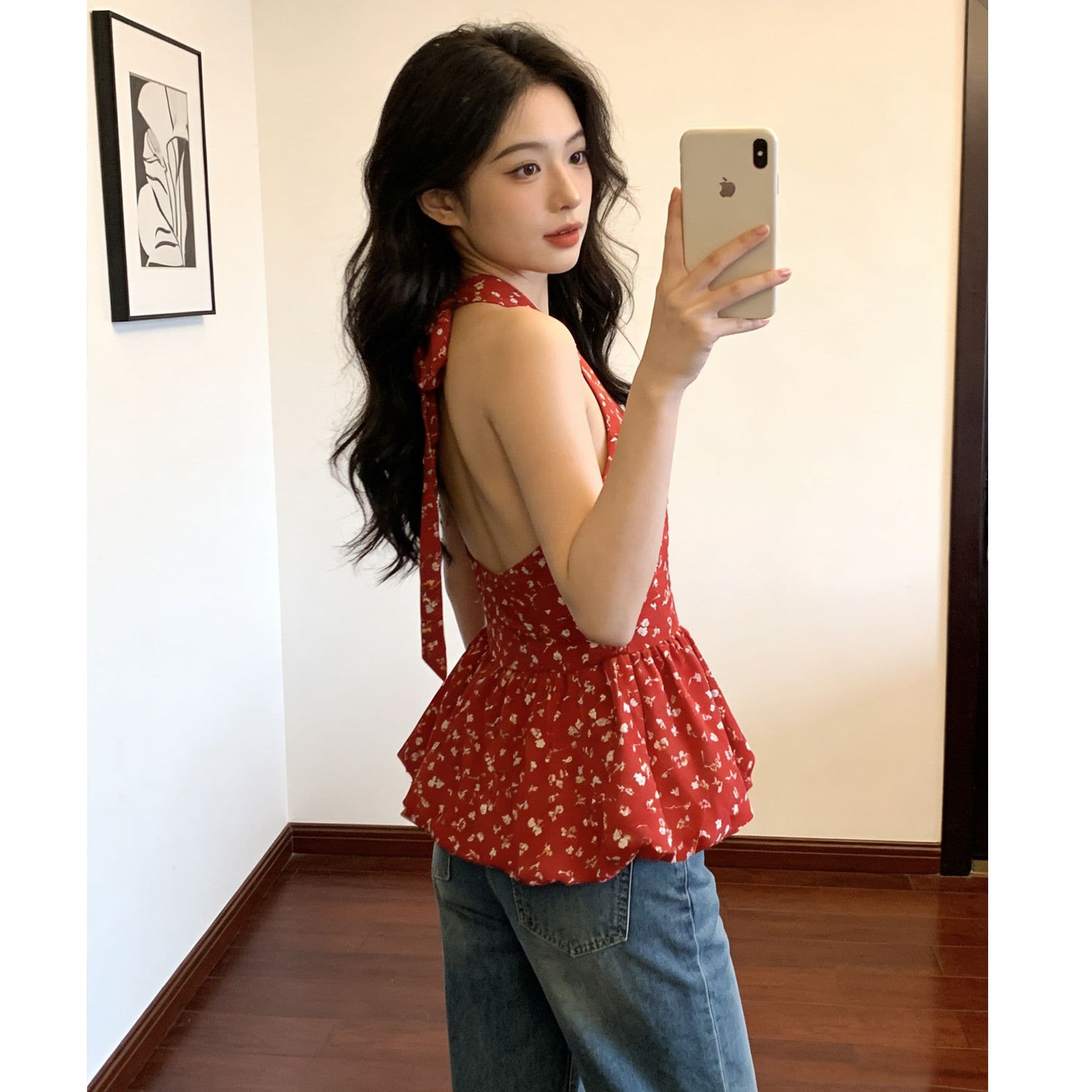 휴가 바람 플리츠 백리스 꽃밭 치마 맨위 여름 새로운 황색 꽃무늬 V넥 행침 목 레이스업 조끼 이미지 2