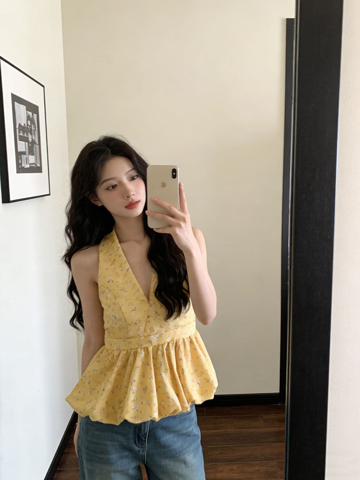 휴가 바람 플리츠 백리스 꽃밭 치마 맨위 여름 새로운 황색 꽃무늬 V넥 행침 목 레이스업 조끼 상세 이미지 5