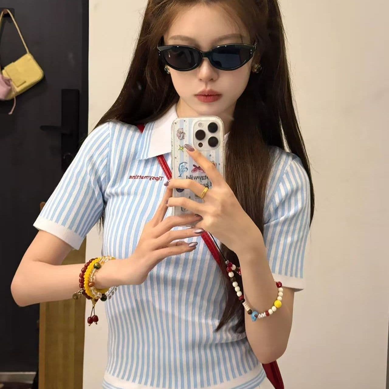 얼음 차가운 실크 작은 키 파란색 세로 줄무늬 반팔 POLO 셔츠 니트 여성 여름 몸매 가꾸기 다용도 긍정적 인 어깨 의류 이미지 3