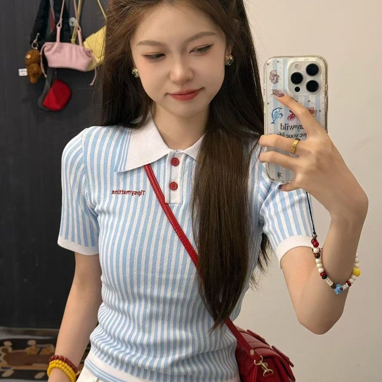 얼음 차가운 실크 작은 키 파란색 세로 줄무늬 반팔 POLO 셔츠 니트 여성 여름 몸매 가꾸기 다용도 긍정적 인 어깨 의류 이미지 4