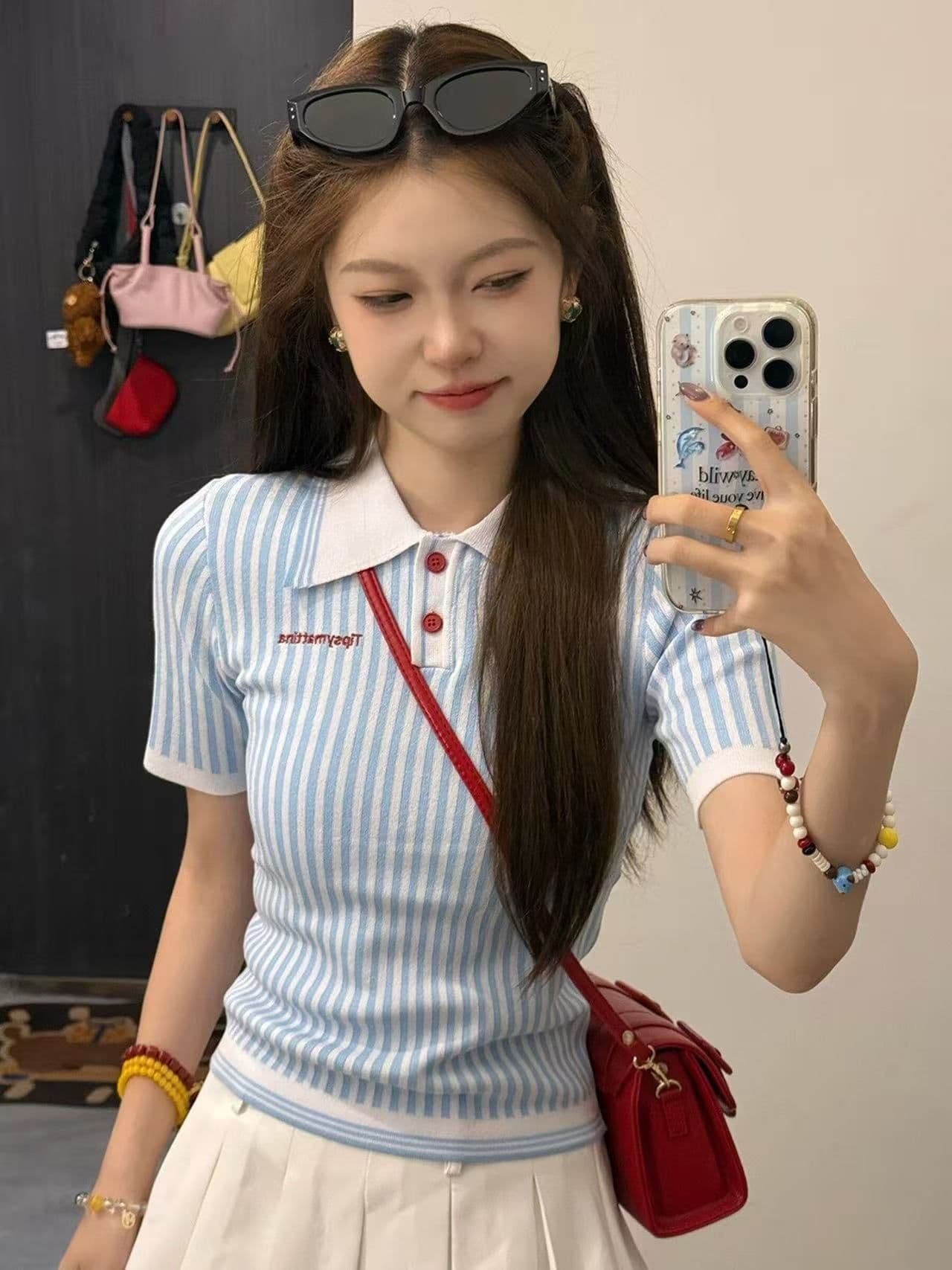 얼음 차가운 실크 작은 키 파란색 세로 줄무늬 반팔 POLO 셔츠 니트 여성 여름 몸매 가꾸기 다용도 긍정적 인 어깨 의류 상세 이미지 3