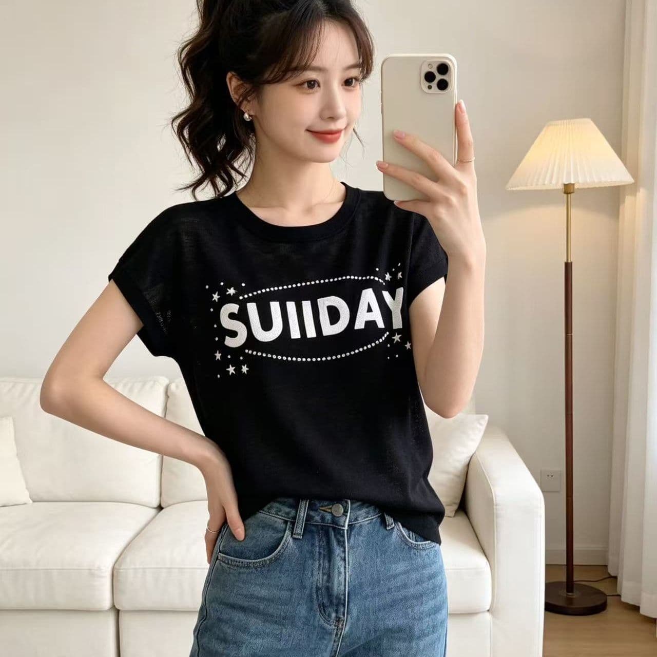 여름 새로운 한국 스타일 대나무 마디 마 패션 라운드 넥 알파벳 프린트 핫픽스 루즈핏 풀오버 반팔 다용도 맨위 이미지 2