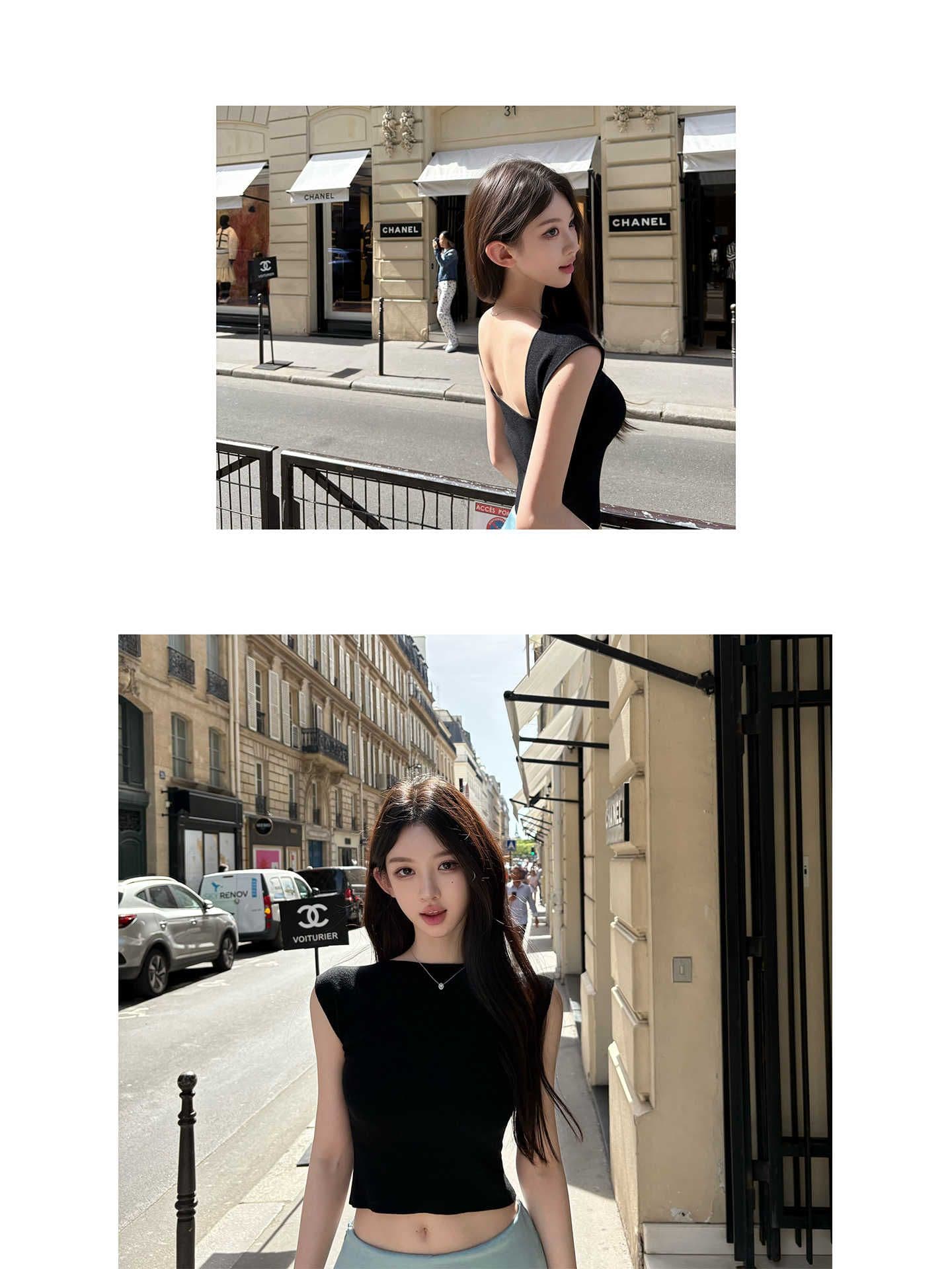 프랑스식 아름다운 작은 날다 소매 니트 티셔츠 여성 여름 순수한 욕망 핫걸 백리스 몸매 가꾸기 쇼트 스타일 품격 슬림해 보이는 맨위 이미지 2