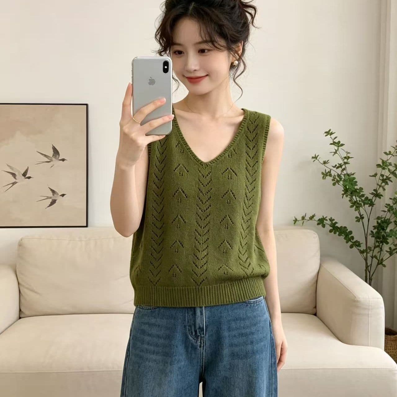 프랑스식 디자인 센스 홀로우 아웃 니트 베스트 조끼 여성 여름 새로운 루즈핏 스택 착용 민소매 어깨 오픈 가디건 맨위 이미지 5