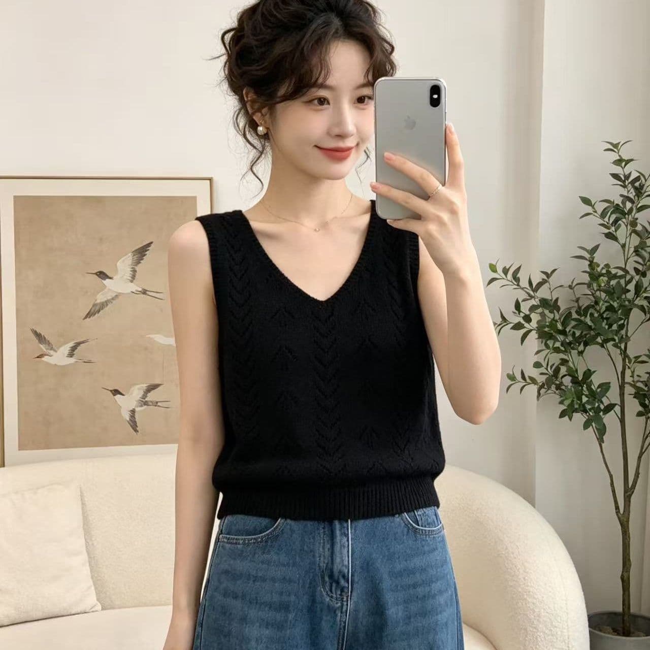 프랑스식 디자인 센스 홀로우 아웃 니트 베스트 조끼 여성 여름 새로운 루즈핏 스택 착용 민소매 어깨 오픈 가디건 맨위 상세 이미지 2