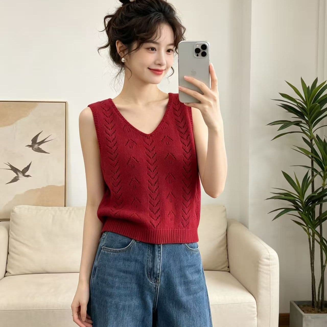 프랑스식 디자인 센스 홀로우 아웃 니트 베스트 조끼 여성 여름 새로운 루즈핏 스택 착용 민소매 어깨 오픈 가디건 맨위 상세 이미지 3