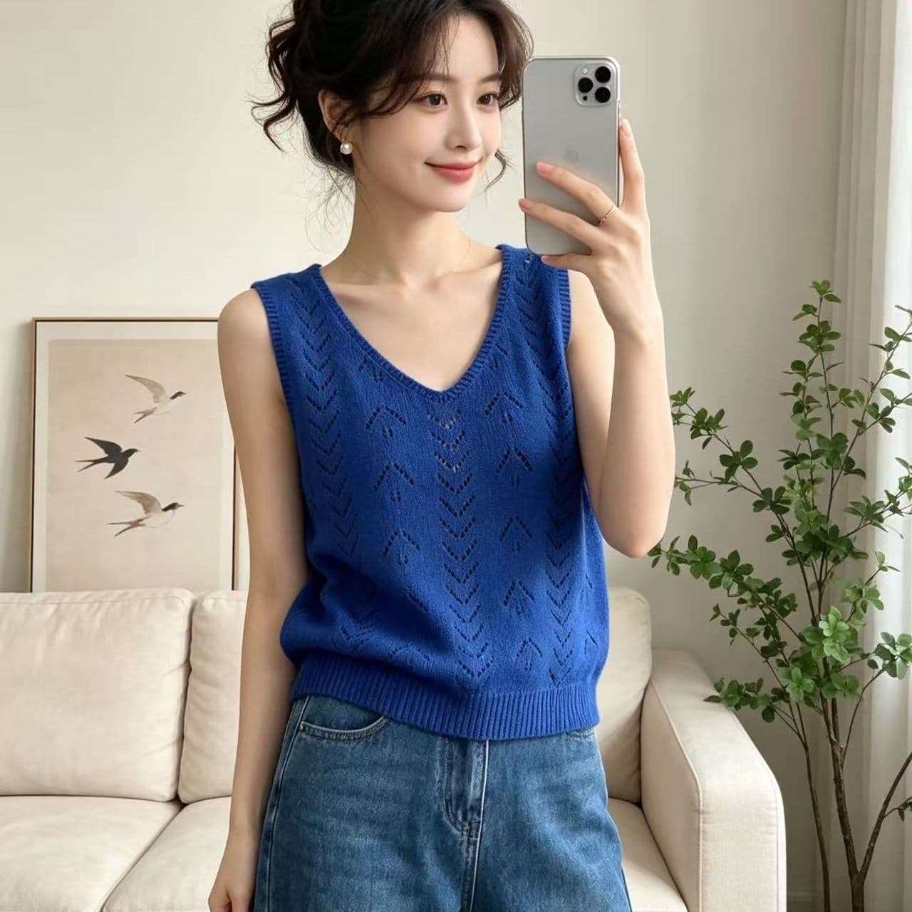 프랑스식 디자인 센스 홀로우 아웃 니트 베스트 조끼 여성 여름 새로운 루즈핏 스택 착용 민소매 어깨 오픈 가디건 맨위 상세 이미지 4