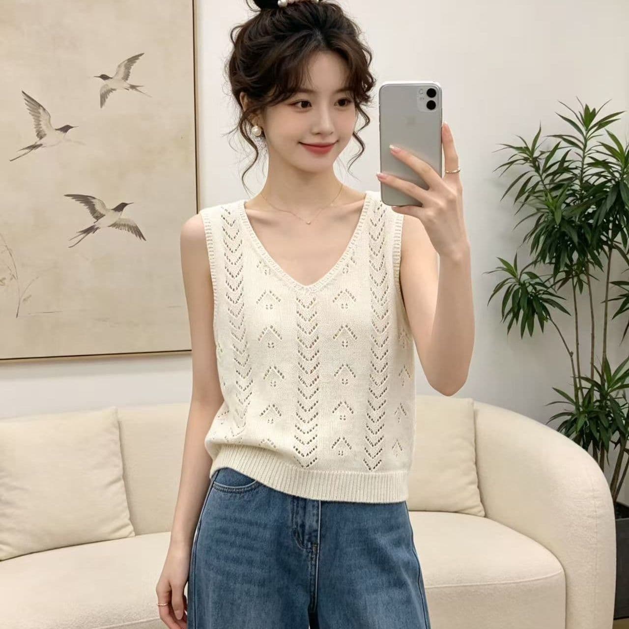 프랑스식 디자인 센스 홀로우 아웃 니트 베스트 조끼 여성 여름 새로운 루즈핏 스택 착용 민소매 어깨 오픈 가디건 맨위 상세 이미지 5